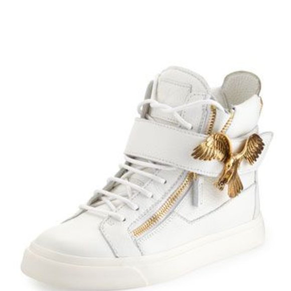 Giuseppe ZANOTTI Donna Bianco WHITE HIGHTOP sneakers GOLD EAGLE 35.5Y/ 7W - Picture 1 of 12